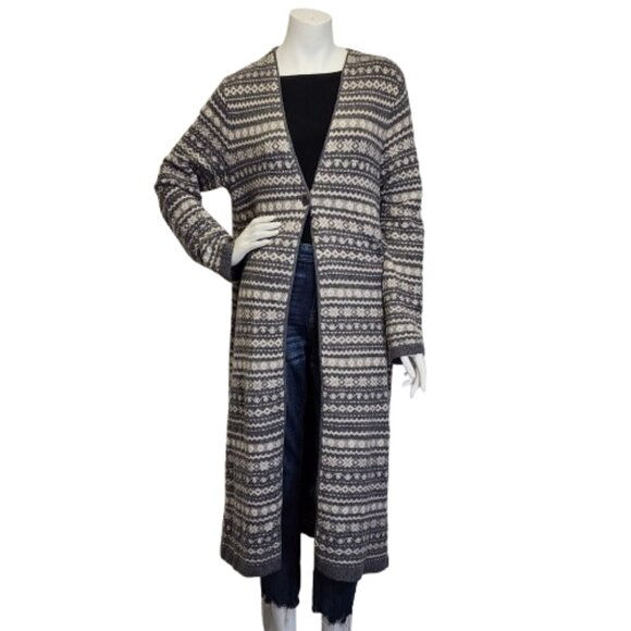 J Jill Womens M Fair Isle Boucle Duster Cardigan Sweater Gray Ivory Cotton Blnd - Picture 1 of 10